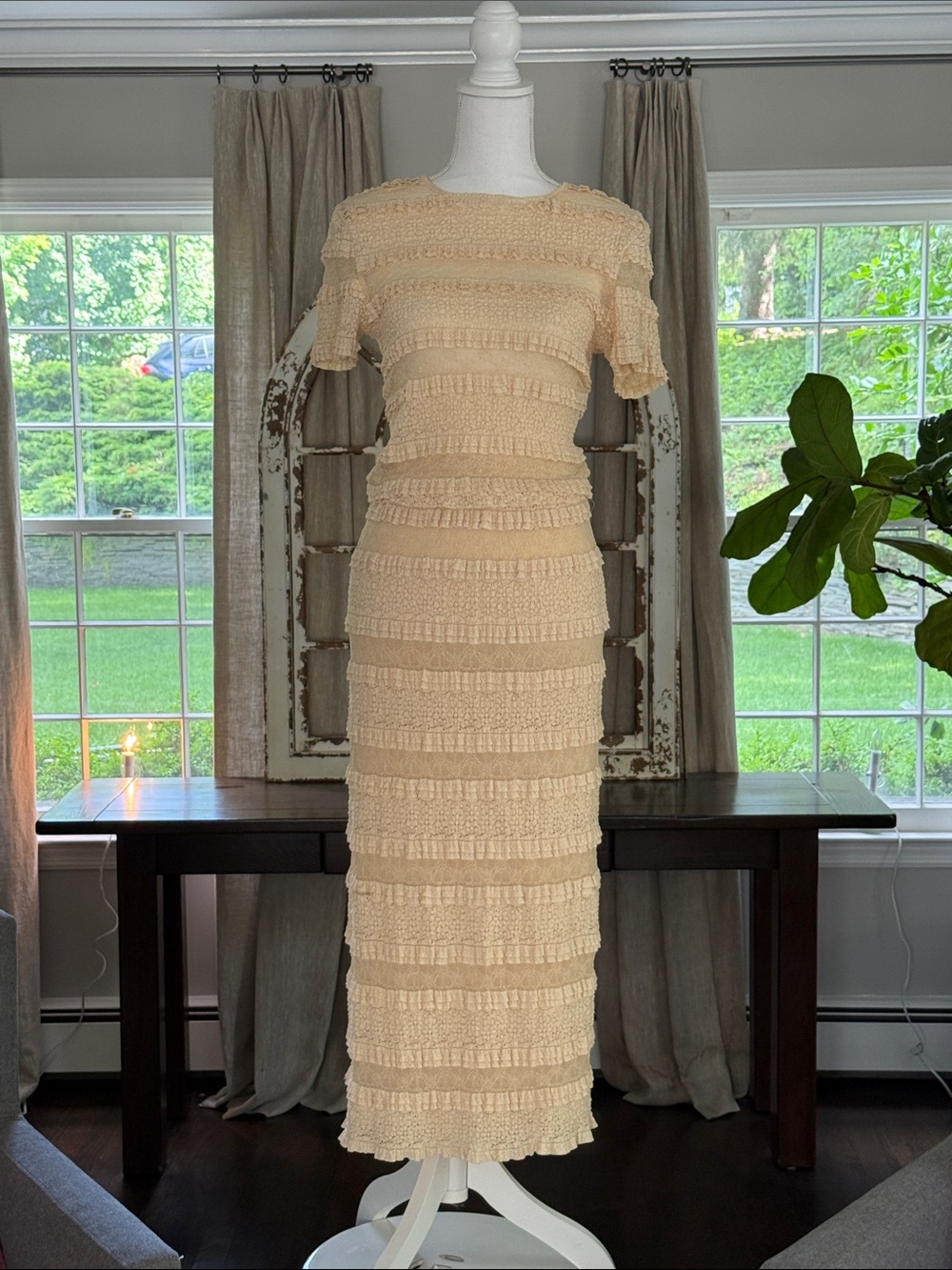 NWT Walter Baker Beige Ruffled Knit midi skirt and short sleeve top set.